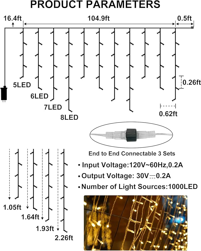 Christmas Icicle Lights for Outside 1000 LED 98FT with 160 Drops, Warm White Waterproof Fairy String Lights for Roof/Gutter/Wedding, 8 Modes & Remote, Timer, Energy-Efficient Holiday Decorations