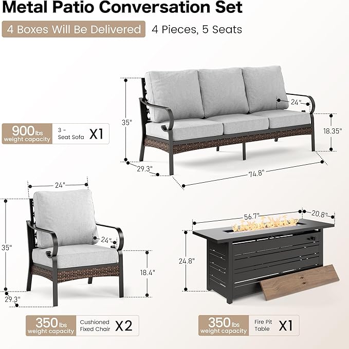 4 Piece Black Metal Outdoor Patio Furniture Sets with Firepit Table, Patio Conversation Sets 1 3-Seater Sofa, 2 Single Sofa with 5.75" Cushion Backyard Furniture for Deck, Light Gray