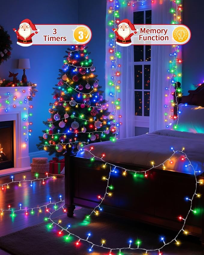 Christmas Lights String Outdoor Indoor, 300 LED 108FT Multicolor Xmas Tree Decorations Lights, Plug in Twinkle Fairy Light with Remote Timer Dimmable for Room Yard Holiday Party Wedding Camping Decor