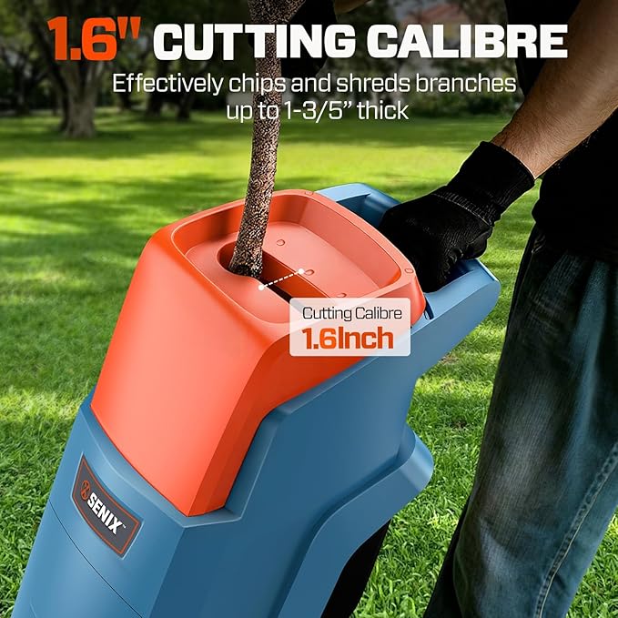 SENIX 15 Amp Electric Wood Chipper, Shredder, Corded Mulchers - 1.6 inch Cutting Diameter, 1.3 Bushel Collection Bag, 22:1 Reduction, Max Speed 4000RPM