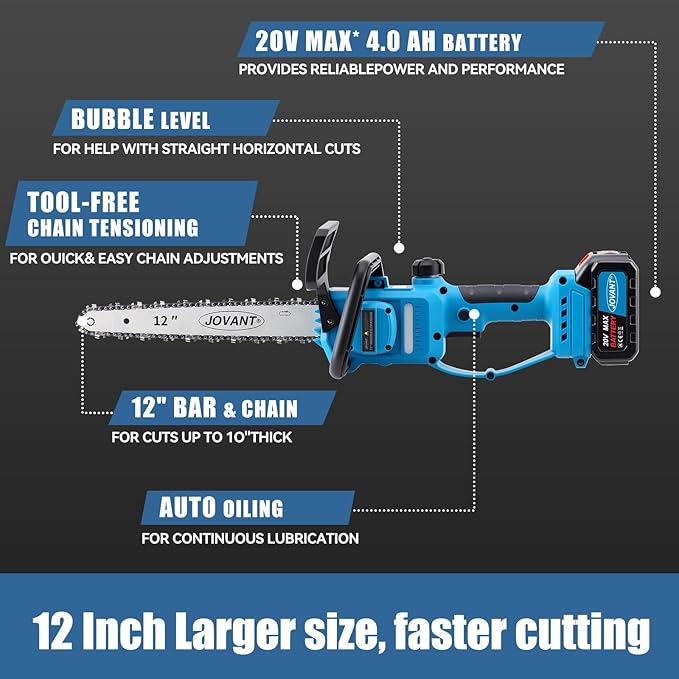 12 Inch Electric Chainsaw Cordless, 20V Battery Powered Cordless Chain Saw, Chainsaw with 1 * 4.0Ah Battery and Charger for Wood Cutting, Tree Trimming and Branch Pruning
