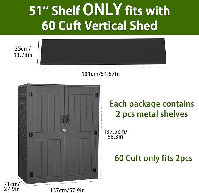 Vertical Resin Storage Shed with 2 Shelves, 60 Cuft Garden Tool Sheds & Outdoor Storage, Plastic Outdoor Storage Cabinet Waterproof, 4.5 x 2.3 ft Backyard Outside Lawn Mower Storage Shed, Grey