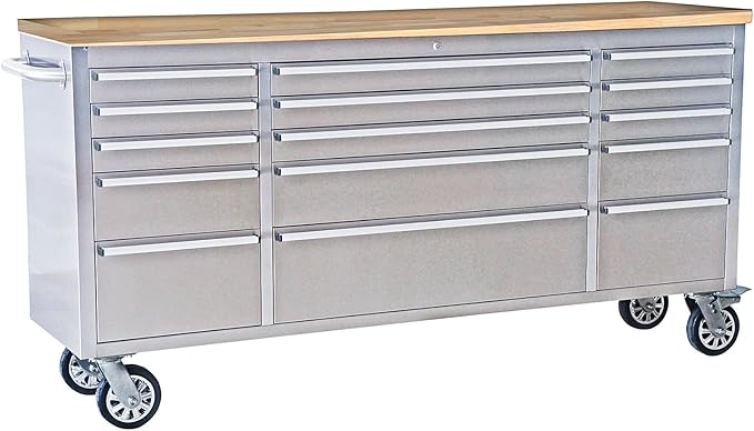 Heavy Duty 72-Inch Rolling Tool Chest with 15 Drawers & Rubber Wood Top, Stainless Steel Mobile Workbench Cabinet, Lockable Drawers & Casters for Garage, Workshop - Silver Finish