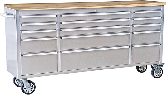 Heavy Duty 72-Inch Rolling Tool Chest with 15 Drawers & Rubber Wood Top, Stainless Steel Mobile Workbench Cabinet, Lockable Drawers & Casters for Garage, Workshop - Silver Finish