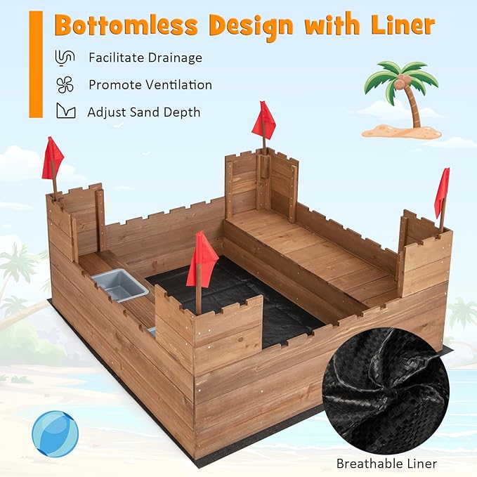 Costzon Kids Sandbox, Cedar Wood 45 x 45 Sand Pit w/Built-in Bench Seats, Storage Boxes, Flags & Protective Bottom Liner, Outdoor Sand Box for Kids Age 3+ for Backyard Garden Beach