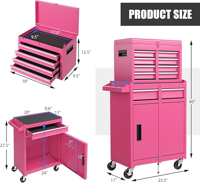 Goplus Pink Tool Chest, 5 Drawers Rolling Tool Cabinet w/Detachable Top Toolbox, Universal Lockable Wheels,Lock Bar,Protective Liner,Tool Rack, Metal Tool Storage Cart, Tool Box for Garage Workshop
