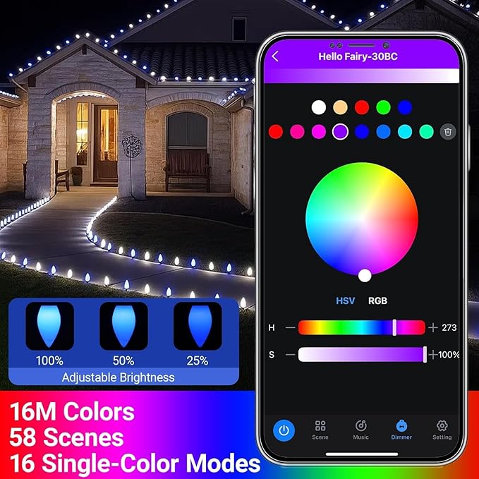 C9 Christmas Lights Outdoor, 66FT 100 LED RGB Color Smooth Changing Bulbs,App Bluetooth Music Sync, DIY Scenes & Timers, IP44 Waterproof Roofline Eaves Porch Fence Decorations
