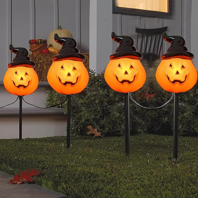 Halloween Hooded Pumpkin Pathway Lights Outdoor, 7Ft C7 Outdoor Halloween Decorations Pathway String Lights with 4 Jack O Lantern Pumpkin Stakes Lights for Garden Yard Walkway Lawn Party Driveway