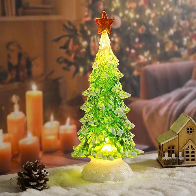 Small Christmas Tree Green Acrylic Tree with Timer 8 Inch Tabletop Christmas Tree with LED Lights Vintage Christmas Decoration Battery Operated Mini Green