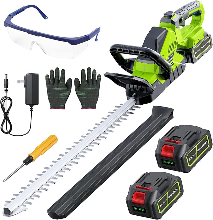 20'' Hedge Trimmer Cordless with 2pcs 4000mAh Battery, Electric Handheld Bush Clipper with Rechargeable Batteries, 3000RPM 180¡Æ Rotatable Head, 2/3'' Blade Gap Green