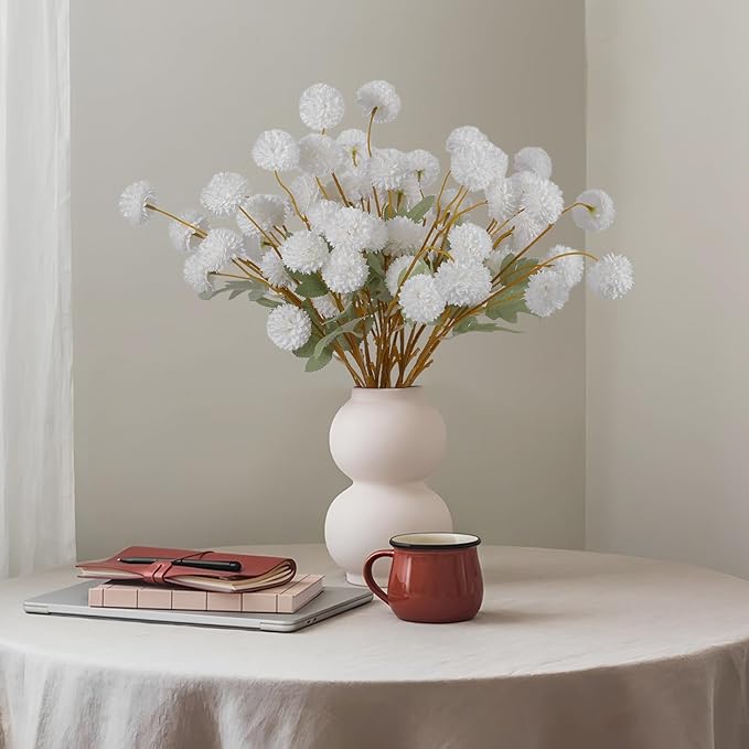 Hananona 12 Pcs Artificial Kiku Flowers, Fake White Chrysanthemum Pom Pom Mums Flower Faux Floral Arrangements Wedding Centerpiece for Fall Home Kitchen Decor (12, White)