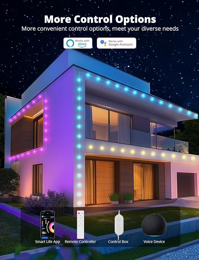 APPECK Permanent Outdoor Lights for House, 100ft with 90 LEDs, 60lm Warm White with Solid Cover, RGBW Smart LED Strip Lights IP65 Waterproof, with Alexa, for Eaves Garage Porch Christmas Decor