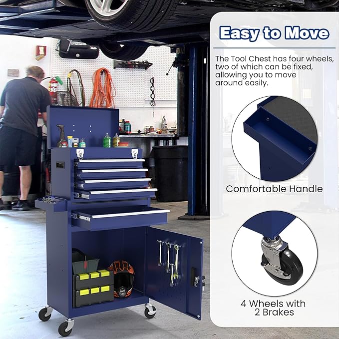 Rolling Tool Box with Wheels, 5-Drawer High Capacity Tool Chest with Wheels, Removable Storage Toolbox with Lock for Garage, Workshop (Darkblue)