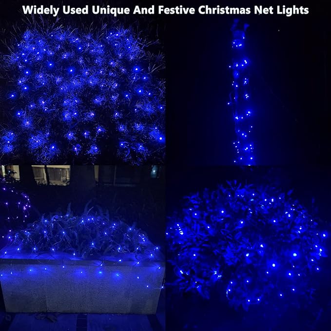 HISHINY LED Blue Christmas Net Lights Outdoor,6ftx6ft 144LED Green Wire, Connectable Indoor Outdoor Bush Mesh Net Lights String for Halloween Christmas Party,Shrub,Yard,Tree（Blue）