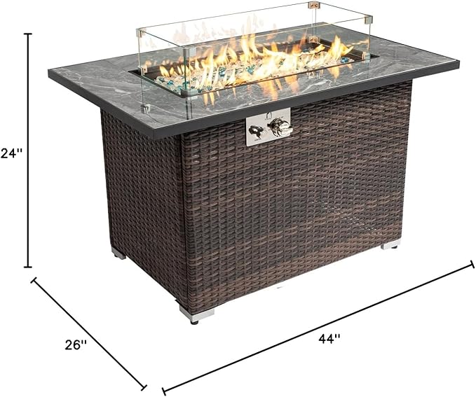 44in Outdoor Propane Gas Fire Pit Table, 50,000 BTU Auto-Ignition Gas Firepit with Glass Wind Guard, Marble Tile Tabletop, Mixed Color Glass Rocks, Brown PE Rattan¡¦