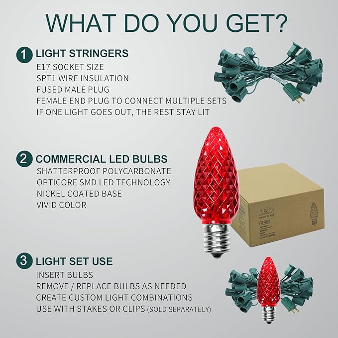 Vintage C9 LED Christmas Lights Outdoor, 50 Feet String Lights with 52pcs Shatterproof C9 Bulbs, Waterproof Connectable Commercial Christmas Tree Lights for Outside Roofline Patio Decor, Multicolor