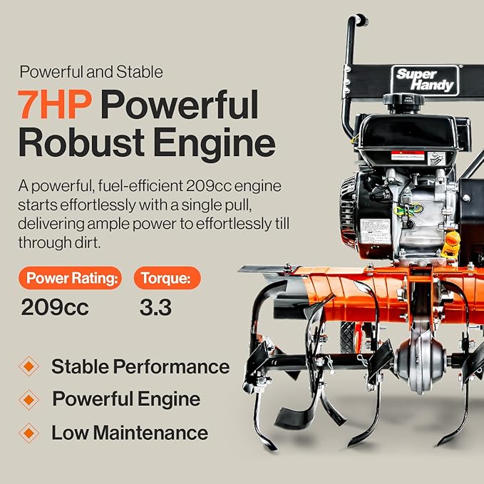 SuperHandy Tiller Cultivator ? 7HP 209cc Engine, Adjustable Tilling Width & Depth, Heavy-Duty Steel Tines for Garden Soil Prep, Landscaping & Weed Removal (Front Tine Tiller)