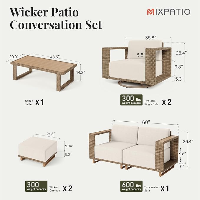 Outdoor Patio Furniture Set, 7 Piece Outdoor Rattan Wicker Sofa Couch, Conversation Sets with 2 Swivel Sofa, 2 Armchairs, 2 Ottomansand Coffee Table for Deck Backyard Lawn