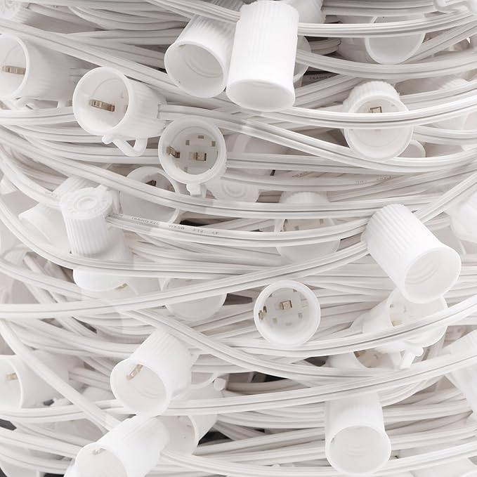250FT C9 Outdoor String Light Stringer, E17 Socket 12" Spacing, C9 Christmas Stringer Set Spool White Light String for Wedding Patio Event Lighting Decor, White Wire