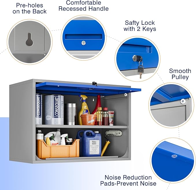 Yizosh Metal Storage Cabinet with Doors & Shelves - Wall Mounted, Floating - Blue Gray, 21.6 H - For Garage, Basement, Kitchen, Warehouse