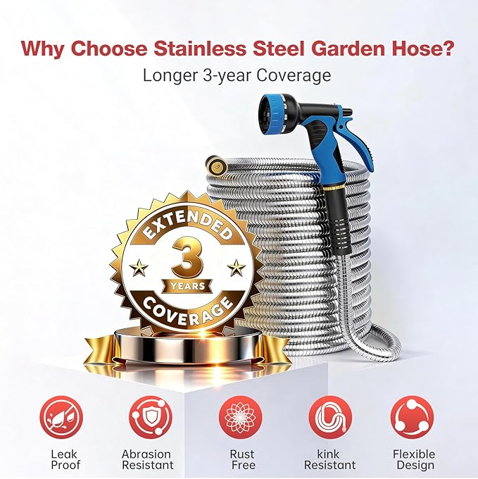 Lefree 75ft Metal Garden Hose - Heavy Duty 304 Stainless Steel Flexible Water Hose, No Kinks & Leak-Proof with Upgraded Handle, 10-Function Spray Nozzle & 4 Spare Gaskets for Yard, RV, Pet Bath