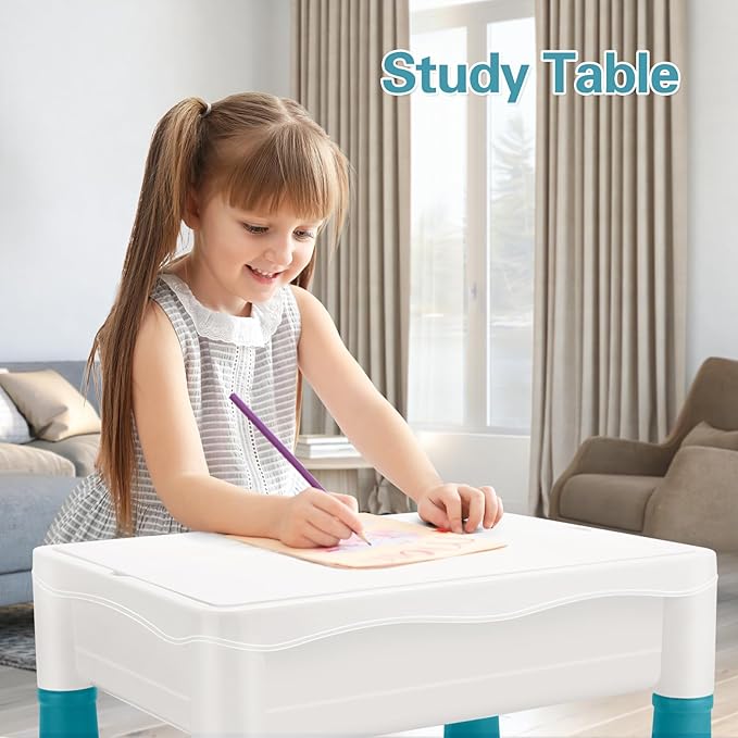 Kids Activity Table, 6-in-1 Play Table Chair Set - Adjustable Height, Storage Box, 105pcs Marble Run Building Blocks, Water & Sand Table Playset Toy Gift for Toddlers