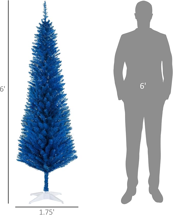 HOMCOM 6' Artificial Pencil Christmas Tree, Slim Xmas Tree with 390 Realistic Branch Tips and Plastic Stand, Blue