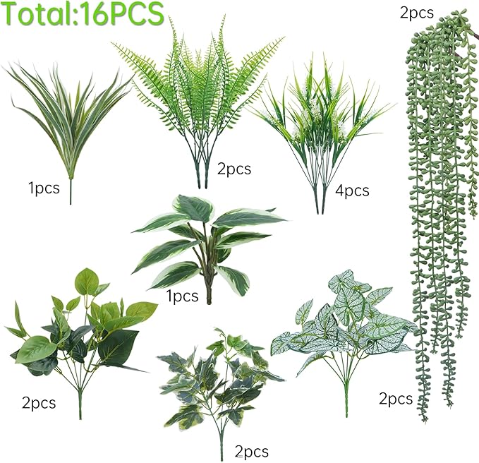 16 Bundles Artificial Greenery Stems for Outdoors Faux Plants UV Resistant Fake Leaves Bushes with Hanging Plants for Outside Porch Window Box Home Garden Decor (13.8")