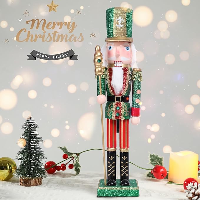 Christmas Nutcracker Decorations Nutcracker Figure 15 Inch Wooden Nutcrackers Collectible Ornament Nutcracker Soldier for Table Desktop Home Christmas Decor Xmas Indoor Decor Green