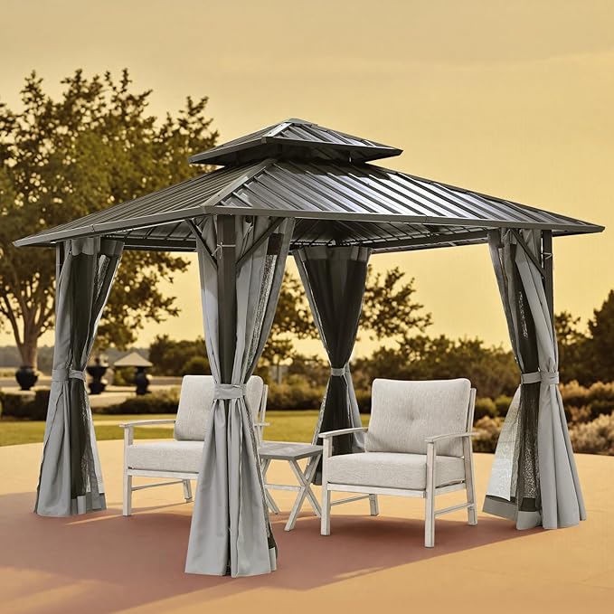 12' x 12' Hardtop Gazebo, Aluminum Frame Patio Hardtop Gazebos with Netting and Curtain, Outdoor Patio Pergola, Outdoor Patio Gazebo with Double Metal Roofs for Lawns, Garden, Deck, Slate Gray