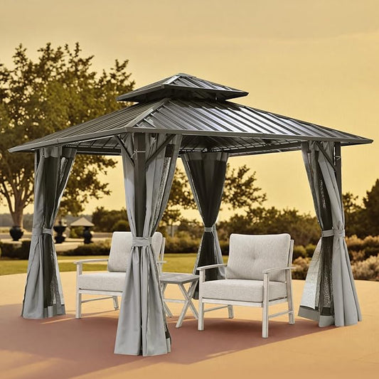 12' x 12' Hardtop Gazebo, Aluminum Frame Patio Hardtop Gazebos with Netting and Curtain, Outdoor Patio Pergola, Outdoor Patio Gazebo with Double Metal Roofs for Lawns, Garden, Deck, Slate Gray