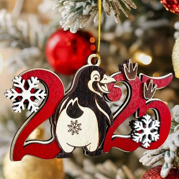 Penguin 2025 Wooden Christmas Tree Ornament – Cute Penguin Holiday Decoration, Winter Animal Ornament, Funny for Kids, Friends & Family, Festive Home Décor Keepsake