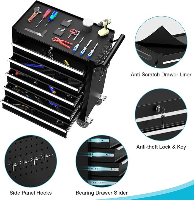 5 Drawers Rolling Tool Chest, Portable Storage Tool Box with Wheels, Tool Chest with Lock for Warehouse, Garage, Repair Shop and Tool Room (Black)