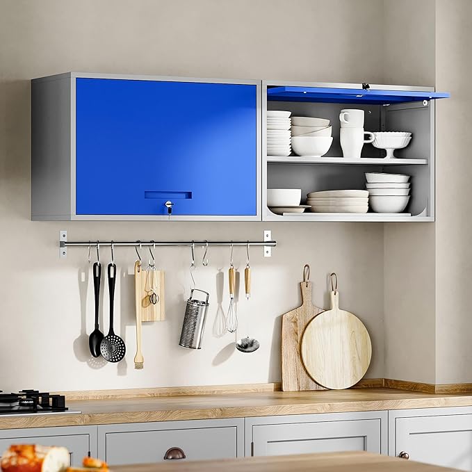 Yizosh Metal Storage Cabinet with Doors & Shelves - Wall Mounted, Floating - Blue Gray, 21.6 H - For Garage, Basement, Kitchen, Warehouse
