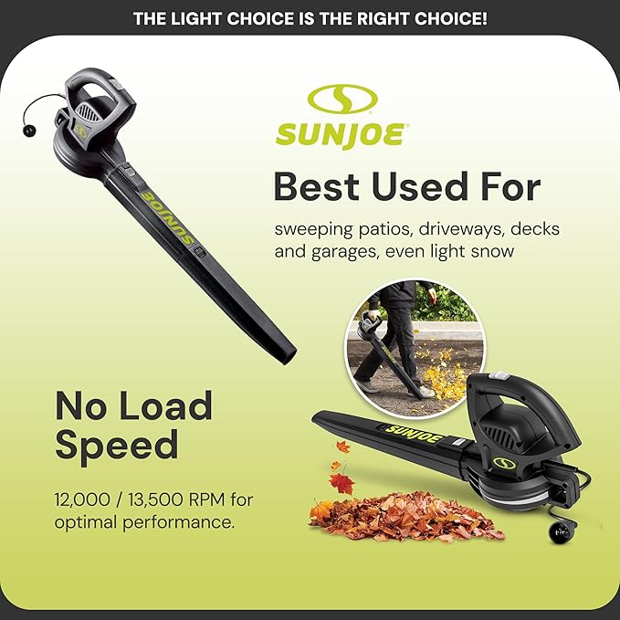 Sun Joe Corded Electric Leaf Blower Machine, 155 MPH, 260 CFM, 6-Amp Motor, Black - Portable and Lightweight Gardening Equipment for Yard Care and Lawn Maintenance, SBJ597E.