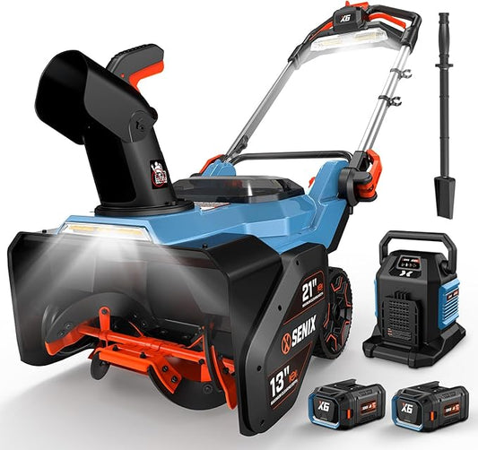 SENIX 60V 21 Auger-propelled Cordless Snow Blower, Steel Auger, 3500W Brushless Motor, Heated Handle,13 Depth, 45FT Throw Distance, LED Lights, 16000mAh Batteries & Dual Port Charger,1200lbs/min