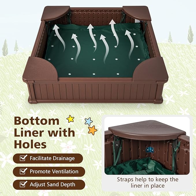 Costzon Kids Sandbox with Cover, 4ft x 4ft HDPE Sandpit with Oxford Cover, Bottom Liner, 4 Corner Seats, Weather Resistant Outdoor Sand Pit for Backyard Lawn Garden Beach (Dark Brown)