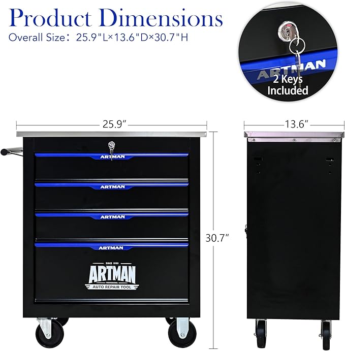 RYH 4/5/6/7 Drawers Rolling Tool Chest -Heavy Duty Mobile Metal Tool Box with Locking Wheels, with Stainless Steel Worktop, Garage Tool Storage Cabinet (Black-Blue, 4-Drawers 30.7 H¡¿25.9 W)