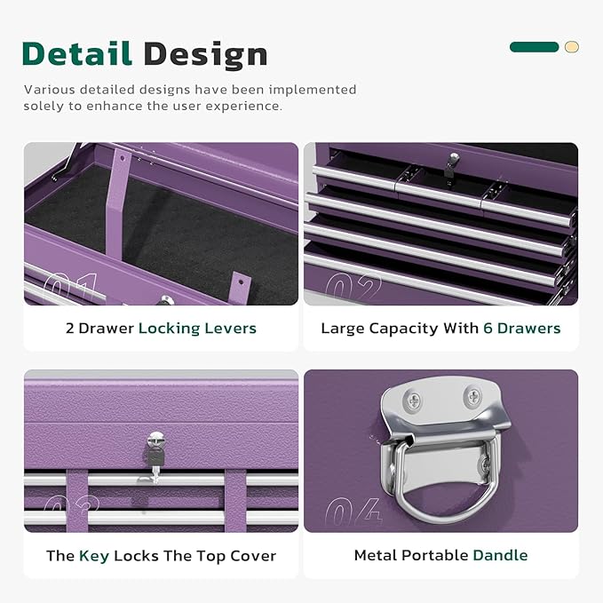 Greenvelly 8-Drawer Rolling Tool Chest, Metal Tool Chest with Wheels, Rolling Tool Box with Detachable Top Tool Box, Metal Tool Cart with Liner & Hooks for Garage, Workshop, Warehouse, Purple