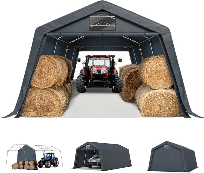 MFSTUDIO Outdoor Carport 13x22 ft, Portable Storage Sheds Shelter Garages Heavy Duty Canopy with Rolled up Zipper Doors, Outside Utility Shed Garage Tent for Boat,Patio Furniture and Tools