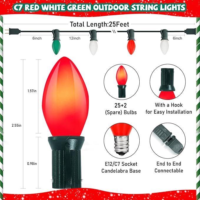 C7 LED Red White and Green Christmas Lights,25ft Vintage Ceramic Christmas String Light with 27 Multicolor LED Bulbs(2 Spare),Outdoor Hanging Lights for Garden House Xmas Garland Tree Decor