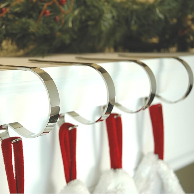 Haute Decor The Original MantleClip Stocking Holder- 4 Pack (Silver) - Hang Christmas Stockings Safely and Securely from Mantels Up to 3 Inches Thick