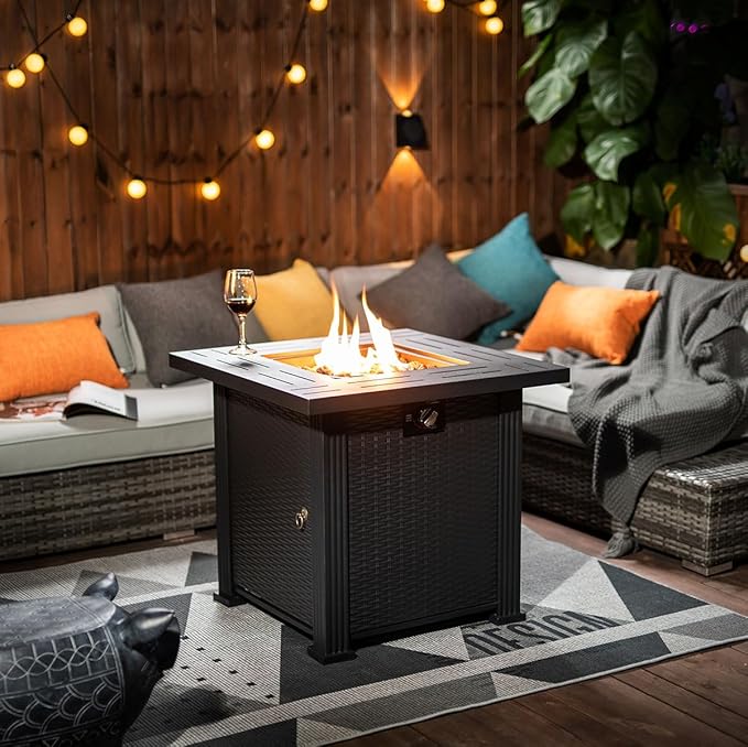 28'' Propane Fire Pit Table, 50,000 BTU Fire Table with Steel Lid, Big Legs, Laval Rocks.