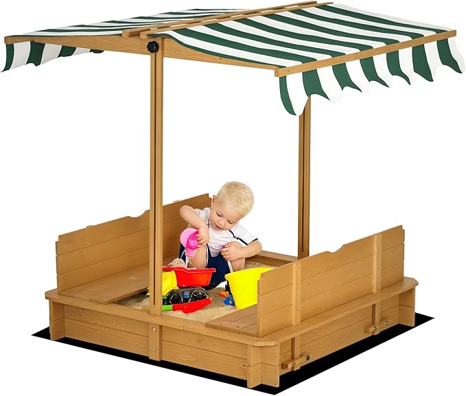 Outsunny Wooden Sandbox with Lid, Kids Sandbox with Canopy Outdoor, Sand Box with Foldable Bench Seats and Sand Protection, Bottom Liner Included, Kids Gift for Aged 3-7, 47X47 in, Brown
