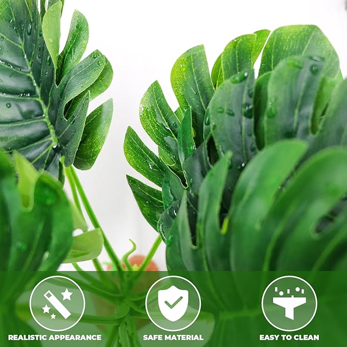 2 Pack Fake Monstera Plant Tank Decor, Realistic Artificial Plastic Plant Decoration for Reptile Amphibian Habitat Terrarium, Decor Accessories for Bearded Dragon Betta Fish Tortoise Chameleon Lizard