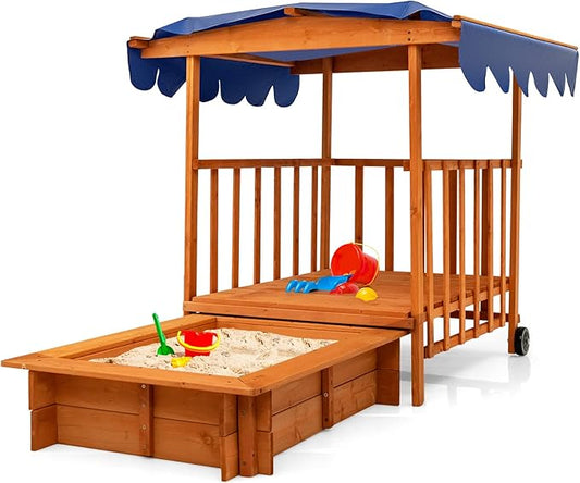 GLACER 3 in 1 Kids Sandbox, Wooden Cedar Bottomless Sand Pit w/Canopy, Large Play Area, Rear Wheels and Guardrails, Portable Sand Boxes in Backyard Garden Lawn Beach for Boys Girls