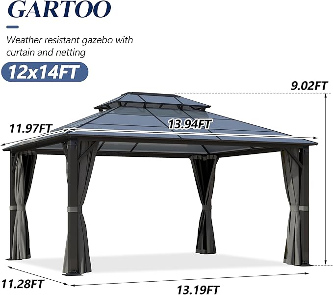 GARTOO 12x14FT Polycarbonate Hardtop Gazebo with Double Roof - Heavy-Duty Steel Frame Gazebo with Breathable Netting & Privacy Curtain for Patio, Porch, Garden, Lawn, Deck, Backyard