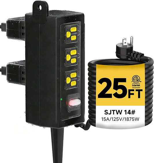 IP66 Outdoor Power Strip Waterproof,Heavy Duty Surge Protector, 25 FT Extension Cord, All-Weatherproof,6AC, Suitable for Outdoor, Work Room, Patio Gardens, Pool Parties,Black