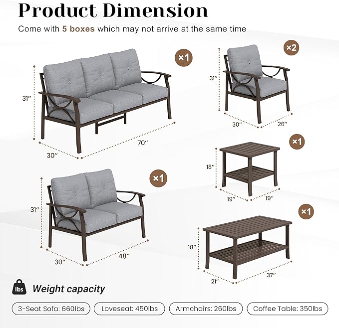 6-Piece Outdoor Patio Furniture Set, Outdoor Metal Sectional Furniture with Cushions, Outdoor Conversation Seating Set with Side Table for Deck, Backyard, Garden, Balcony, Grey