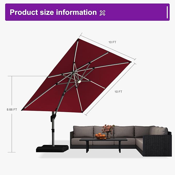 PURPLE LEAF 10 Feet Patio Umbrella with Lights Outdoor Square Cantilever Umbrella Solar Powered LED with 360-degree Rotation for Garden Deck Pool Patio, Terra
